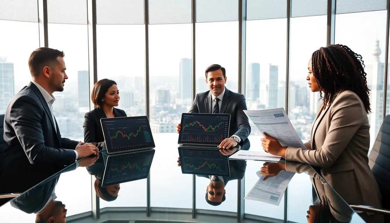 diverse team discussing prime brokerage in a modern office.