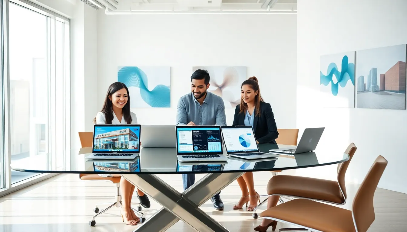 diverse team collaborating on real estate technology in a modern office.