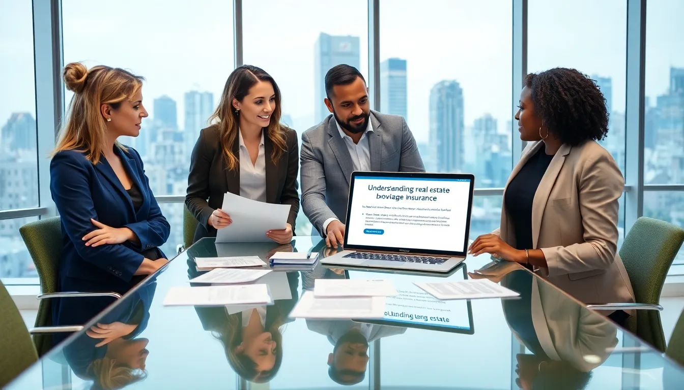 diverse real estate team discussing brokerage insurance in a modern office.