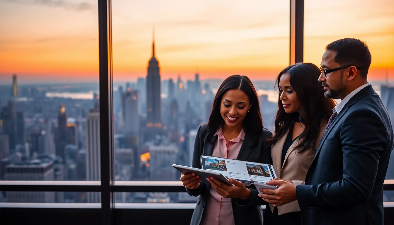 professionals discussing NYC real estate with a skyline view.
