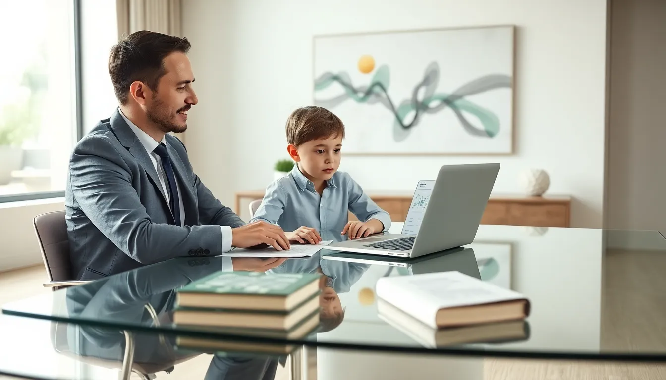 parent and child reviewing investment options in a modern office.