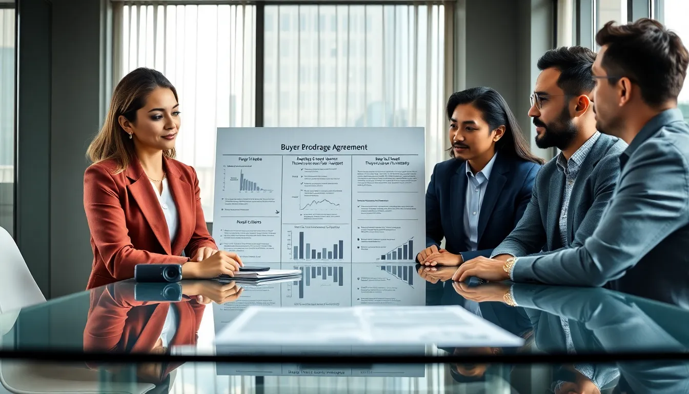 diverse team discussing a buyer brokerage agreement in a modern office.