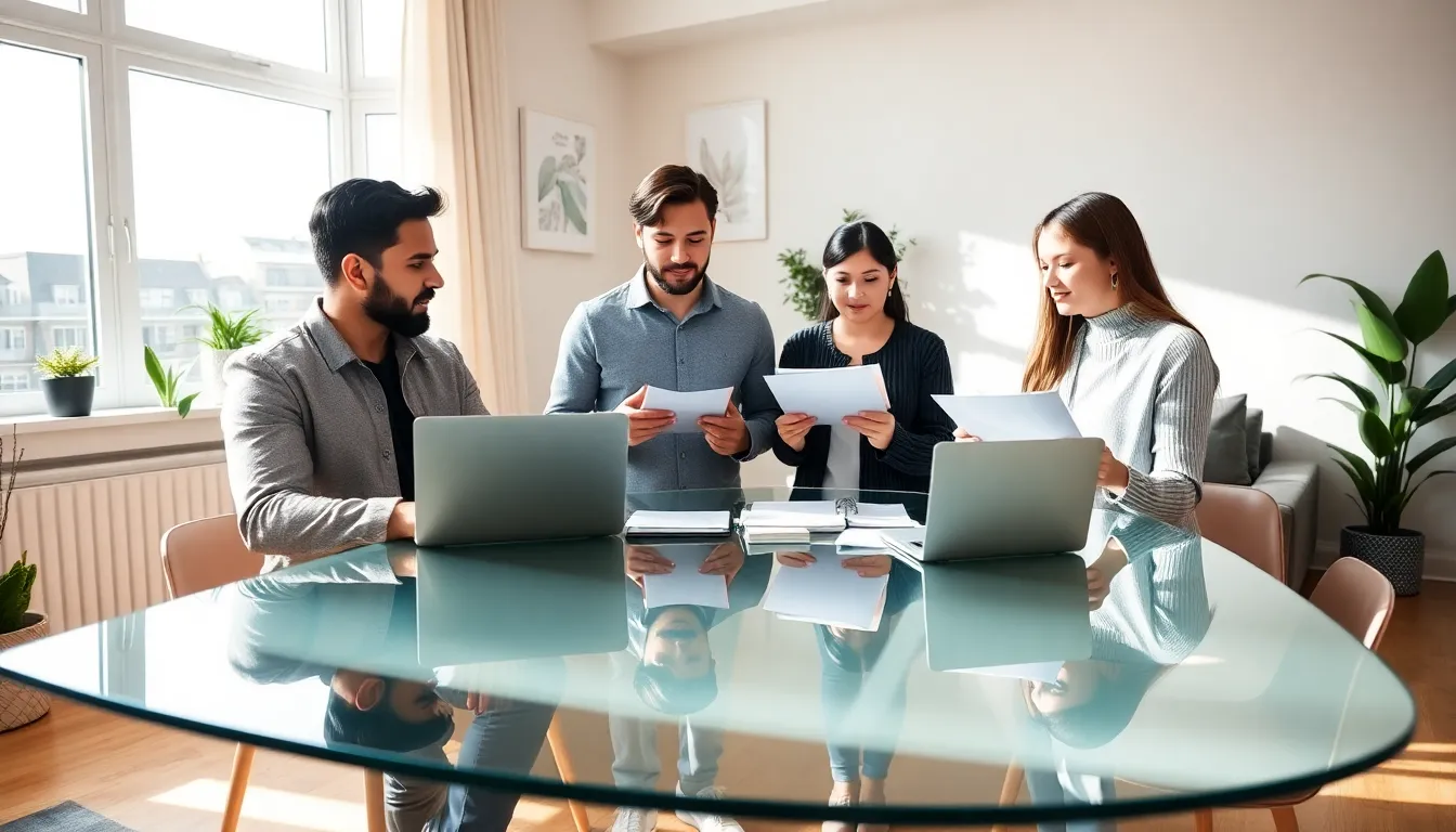diverse professionals discussing house hacking strategies in a modern living room.