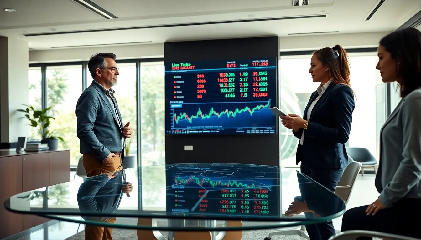 diverse professionals discussing investments in a modern brokerage office.