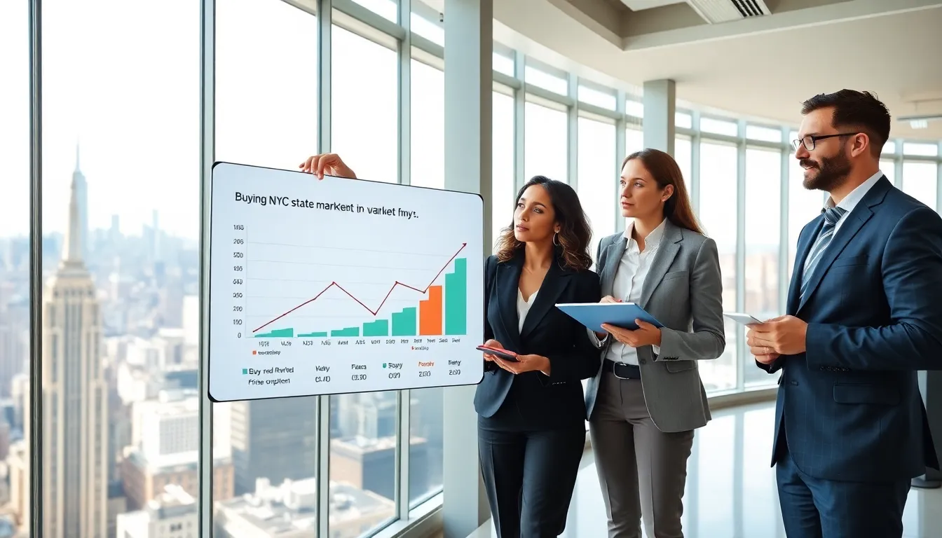 diverse team analyzing NYC real estate market trends in an office.